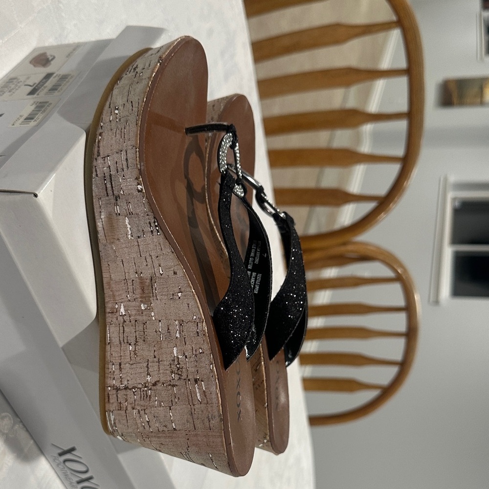 XOXO Glitter Black and Tan Wedge Sandals - Picture 2 of 5
